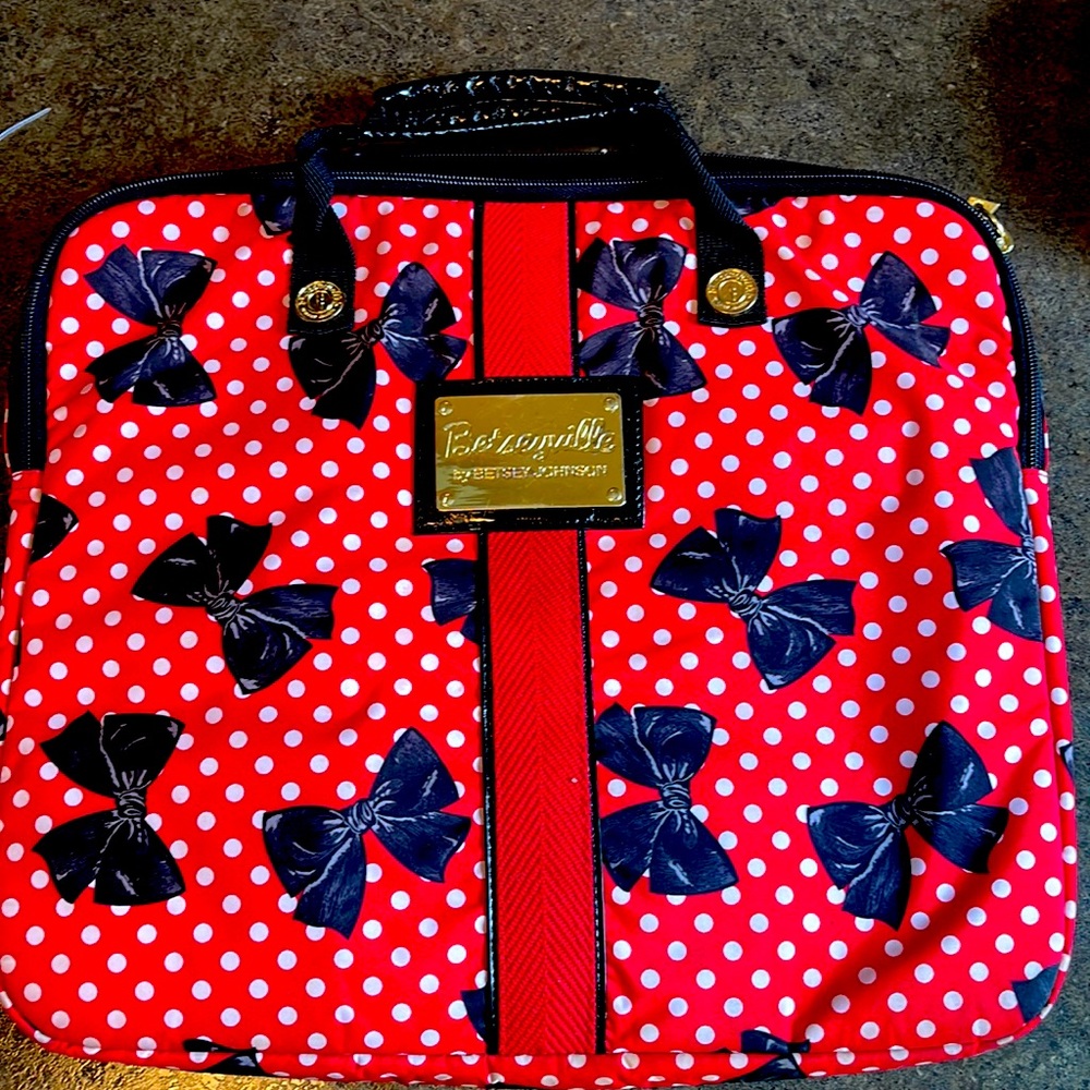 Betseyville Bag red polka dot black bows patent like top handles metal emblem